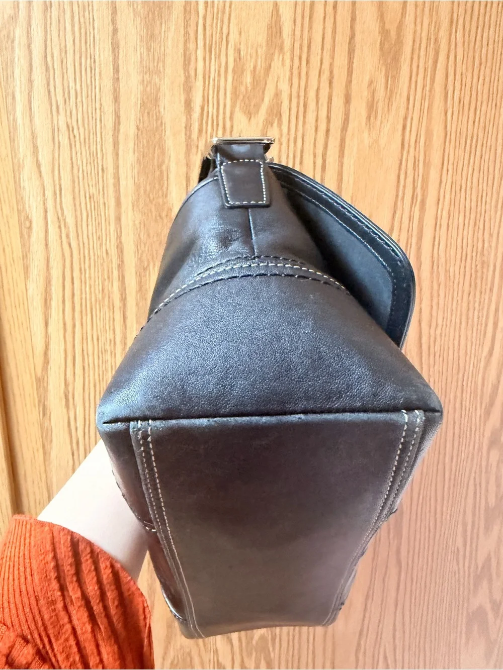 Coach Black Leather Shoulder Bag with Buckle and Navy Scarf Accent
